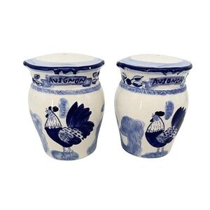 Rooster Chicken Salt Pepper Shakers Blue White French Country Farmhouse Kitchen